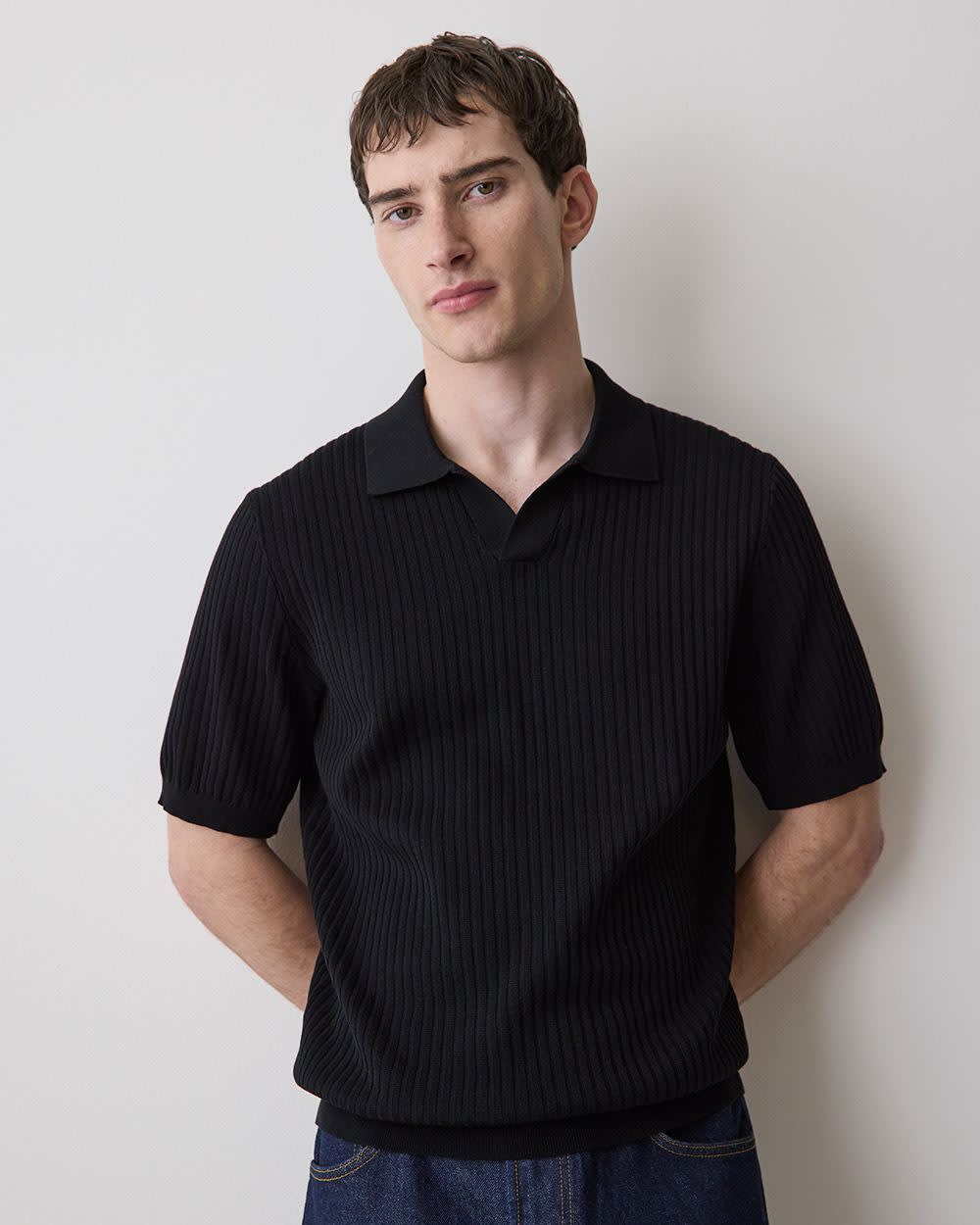 RW&CO Cotton Short-Sleeve Polo with Johnny Collar