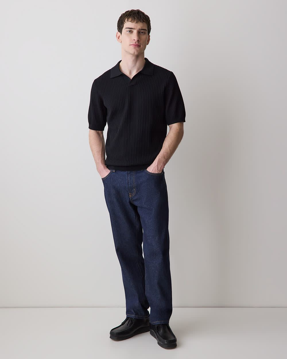 RW&CO Cotton Short-Sleeve Polo with Johnny Collar