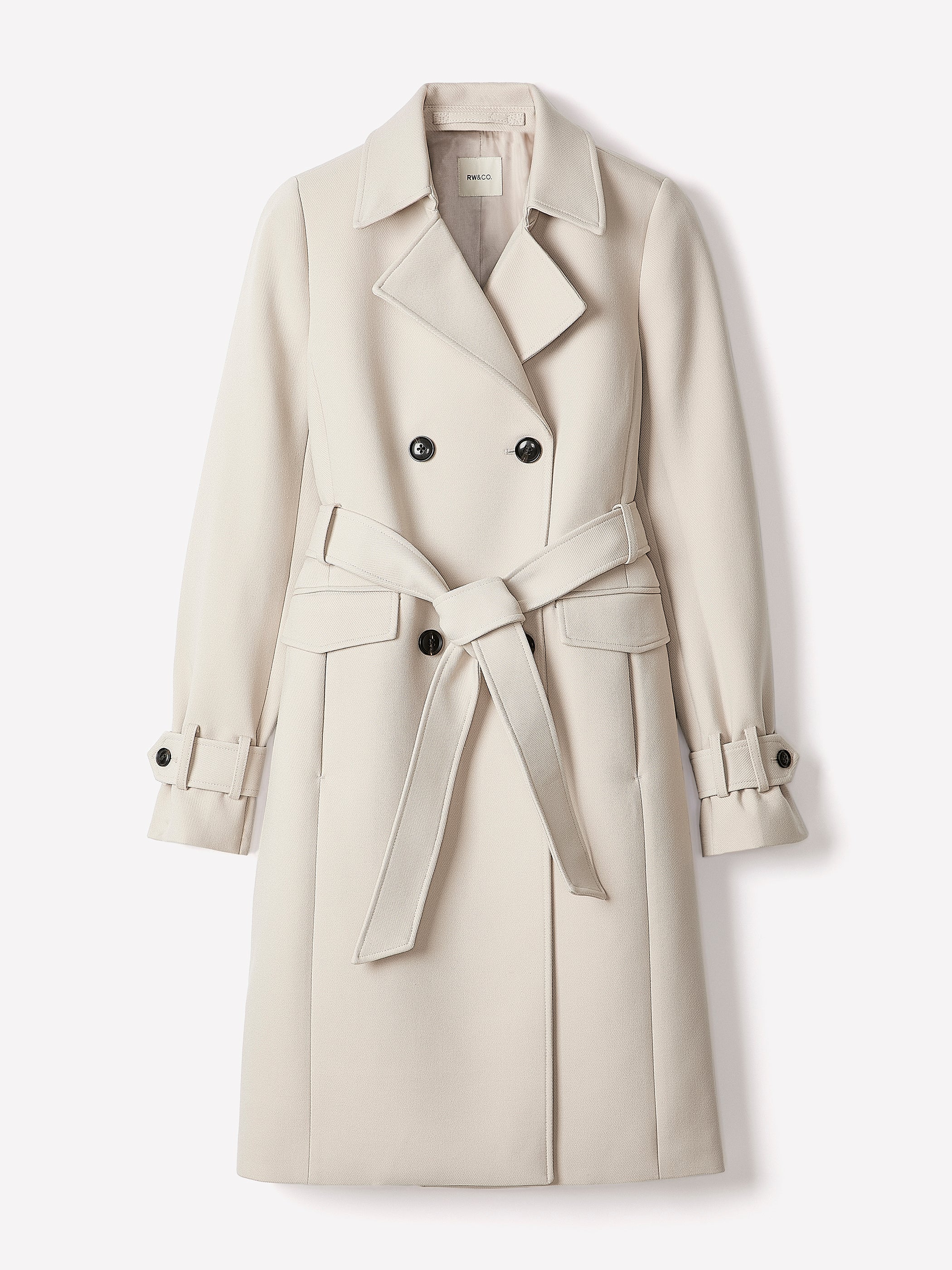 RW&CO Double-Breasted Twill Trench Coat with Belt