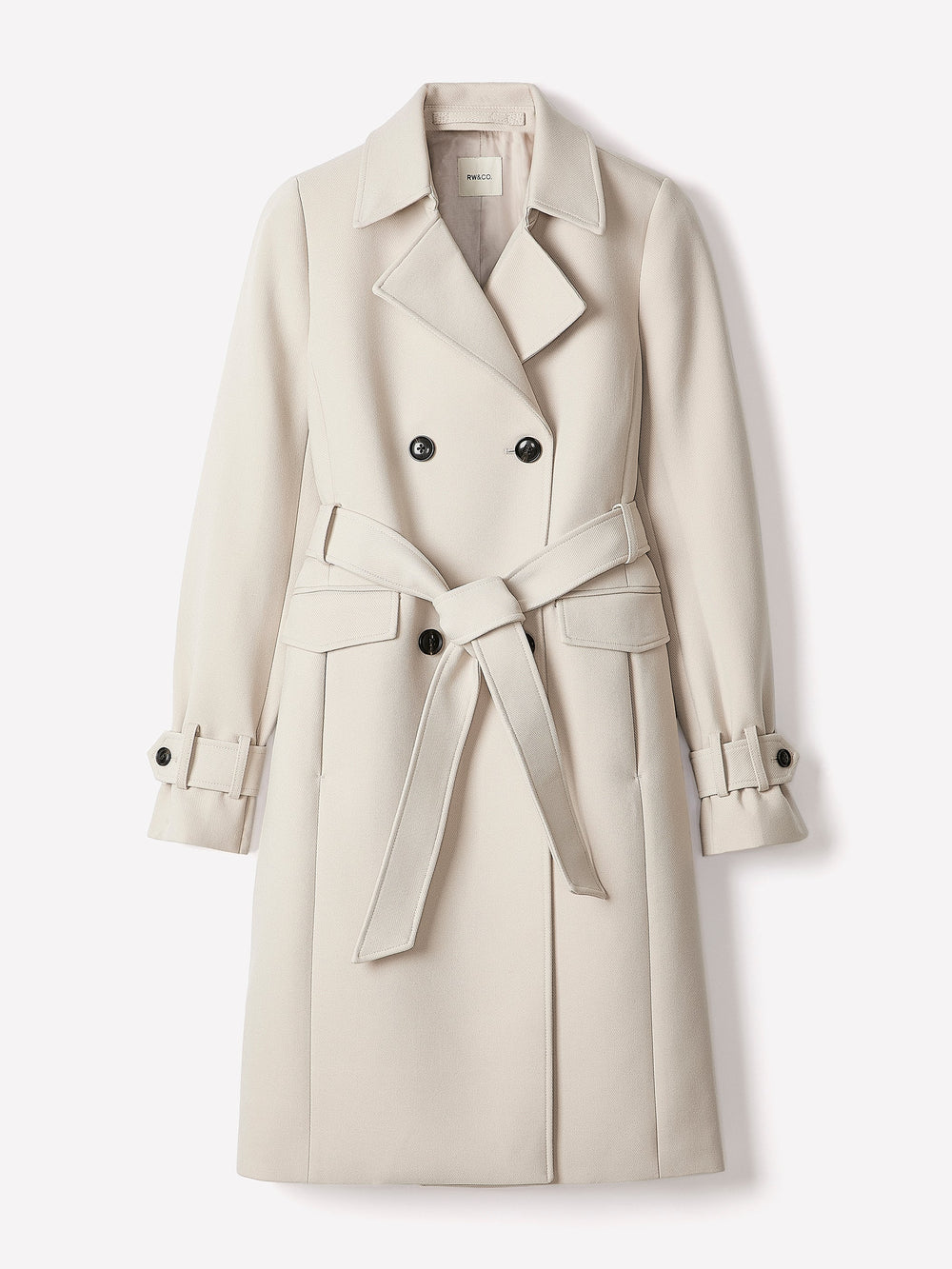 RW&CO Double-Breasted Twill Trench Coat with Belt