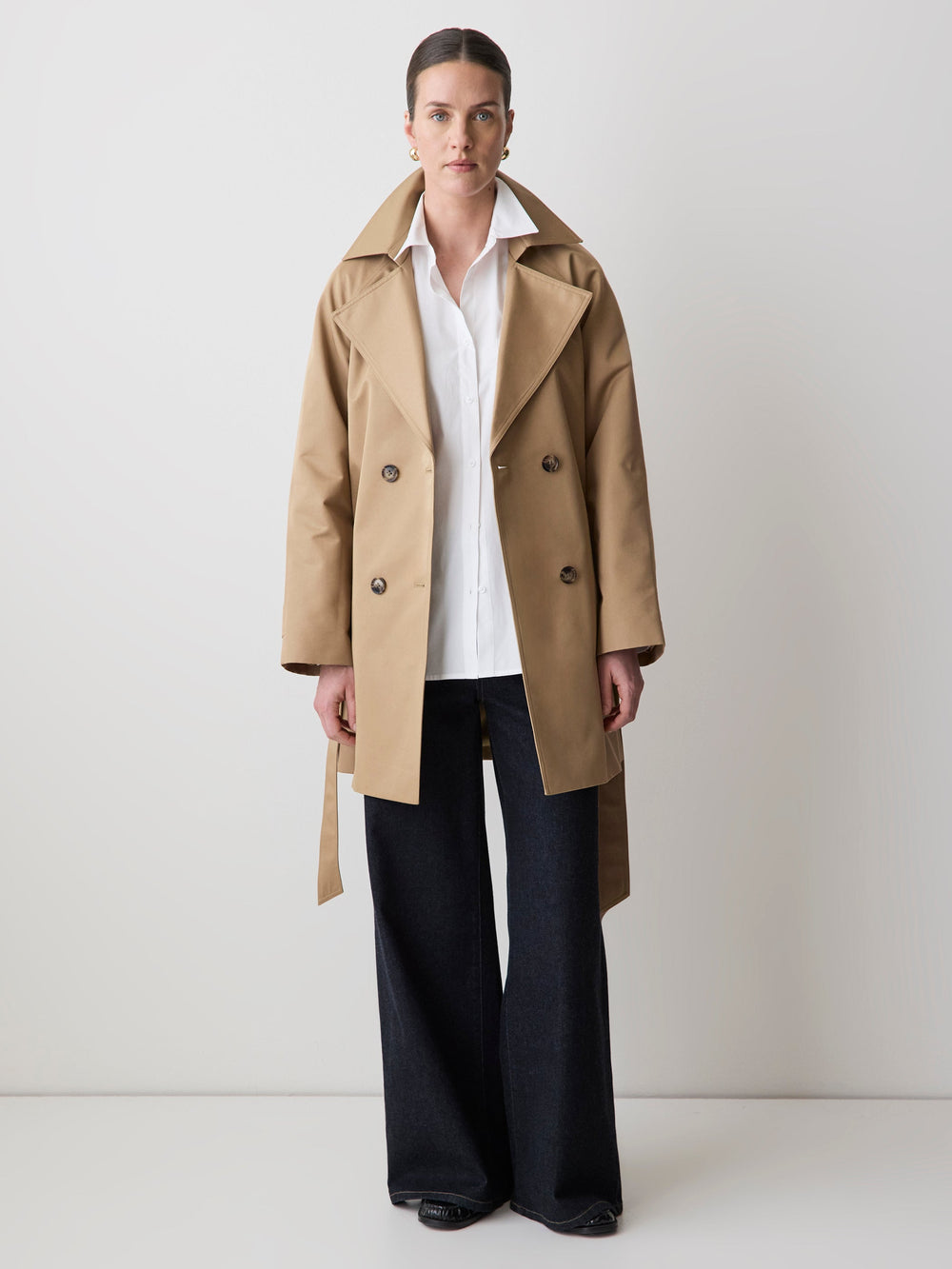 RW&CO Double-Breasted Twill Trench Coat with Belt