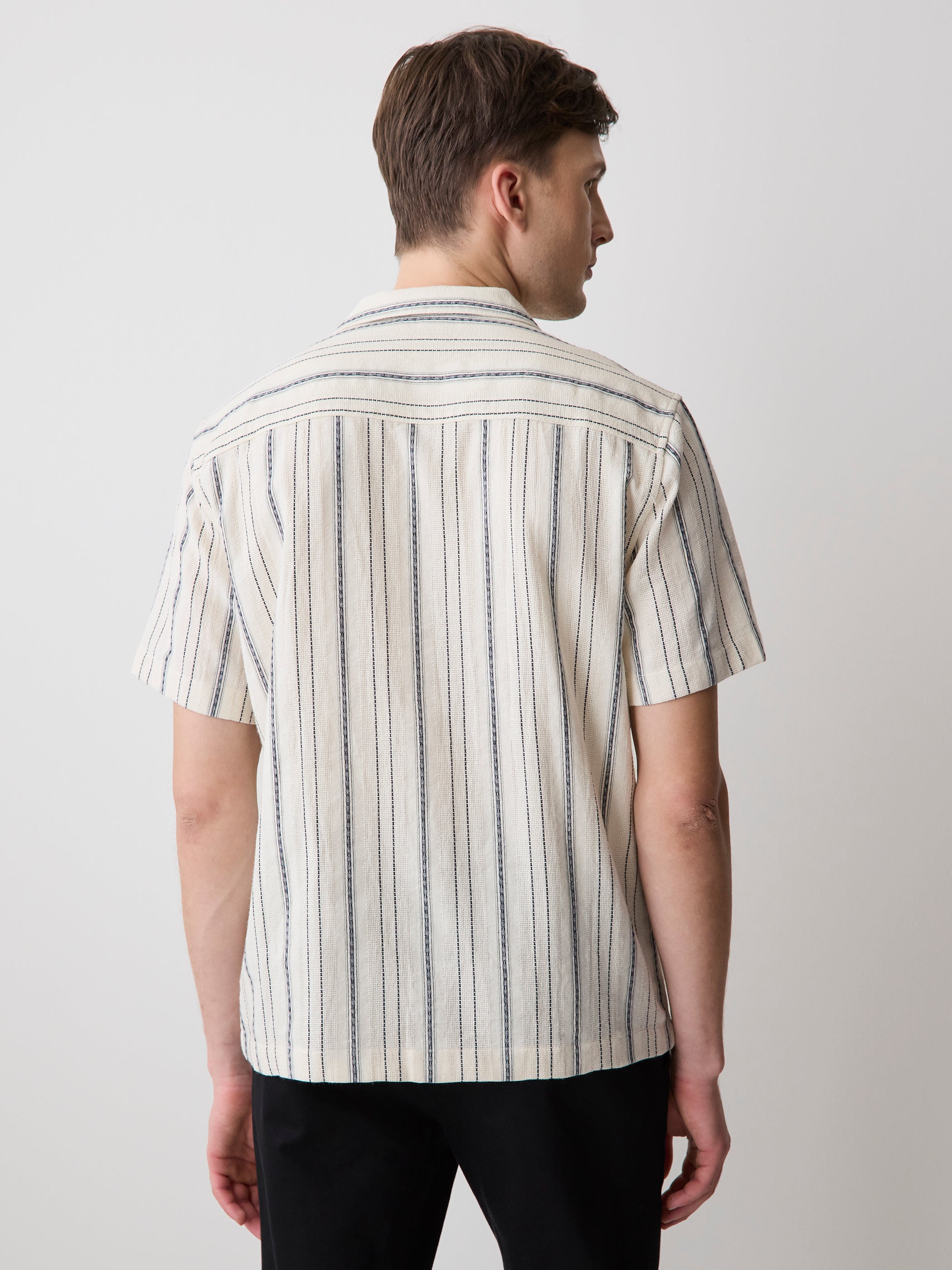 RW&CO Striped Short-Sleeve Textured Shirt with Camp Collar