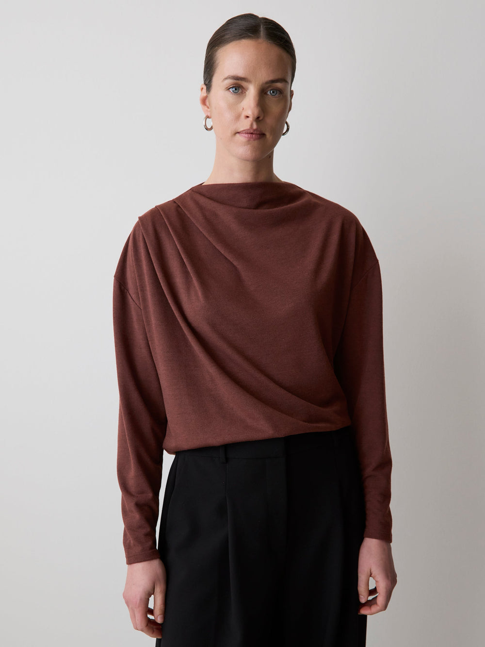 RW&CO Long-Sleeve Top with Draped Crew Neckline