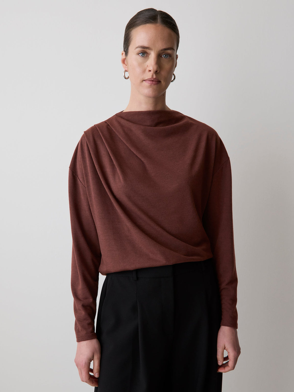 RW&CO Long-Sleeve Top with Draped Crew Neckline