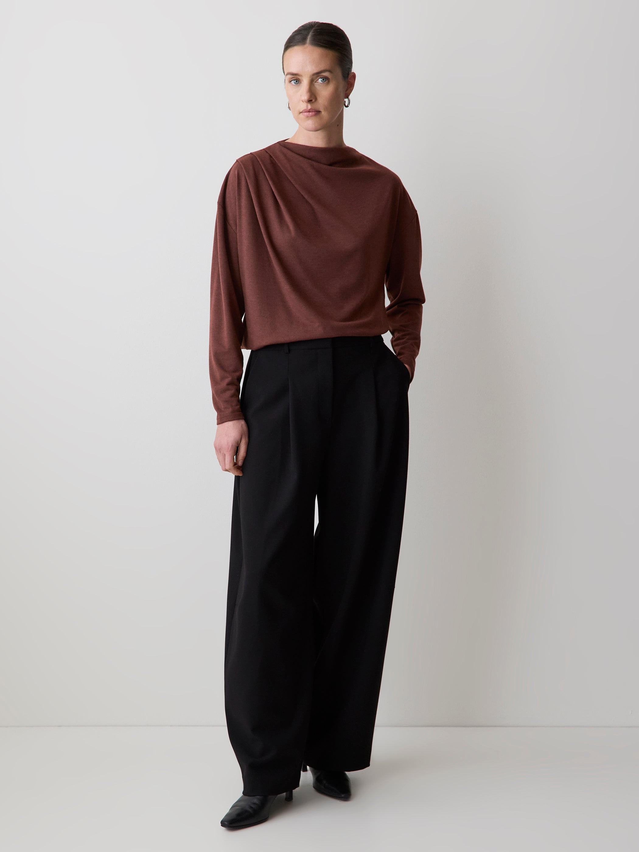 RW&CO Long-Sleeve Top with Draped Crew Neckline