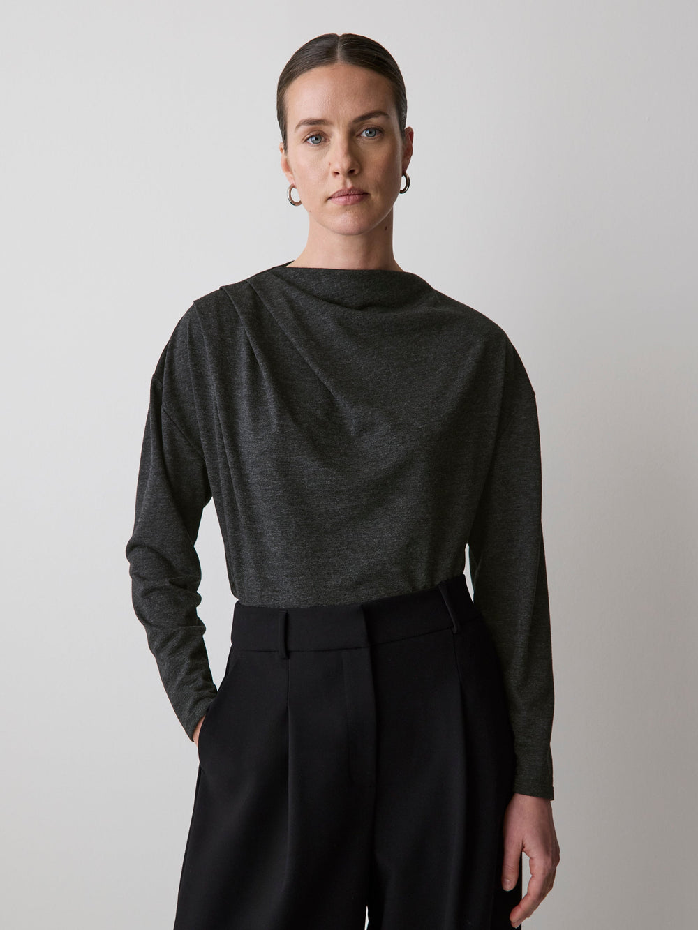 RW&CO Long-Sleeve Top with Draped Crew Neckline