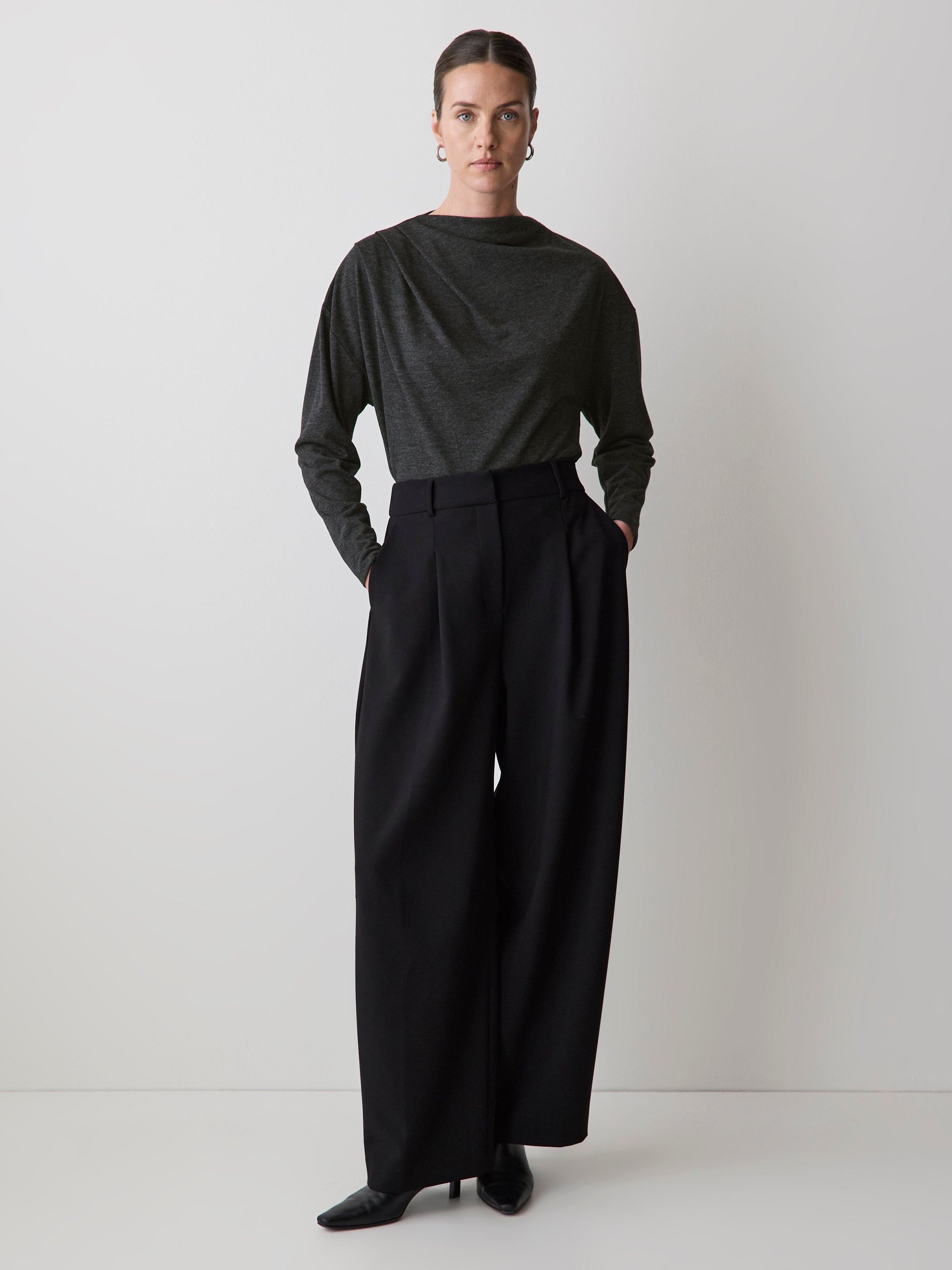 RW&CO Long-Sleeve Top with Draped Crew Neckline