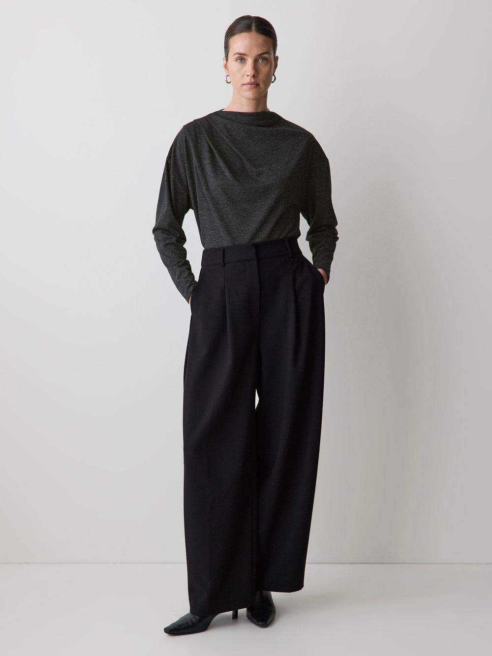 RW&CO Long-Sleeve Top with Draped Crew Neckline
