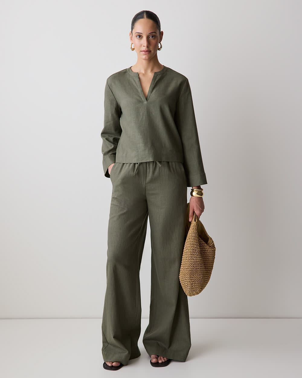 RW&CO Linen Long-Sleeve Popover Blouse