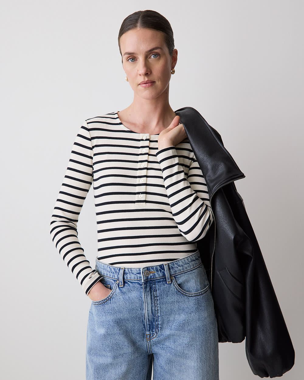 RW&CO Long-Sleeve Henley Ribbed Top