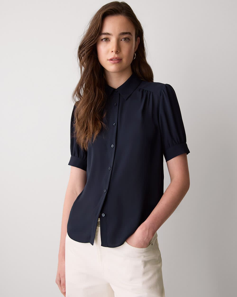 RW&CO Silky Crepe Short-Sleeve Buttoned-Down Blouse