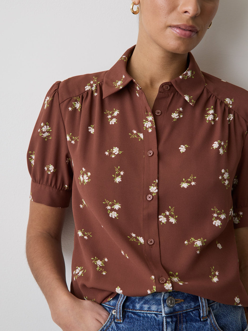 RW&CO Silky Crepe Short-Sleeve Buttoned-Down Blouse