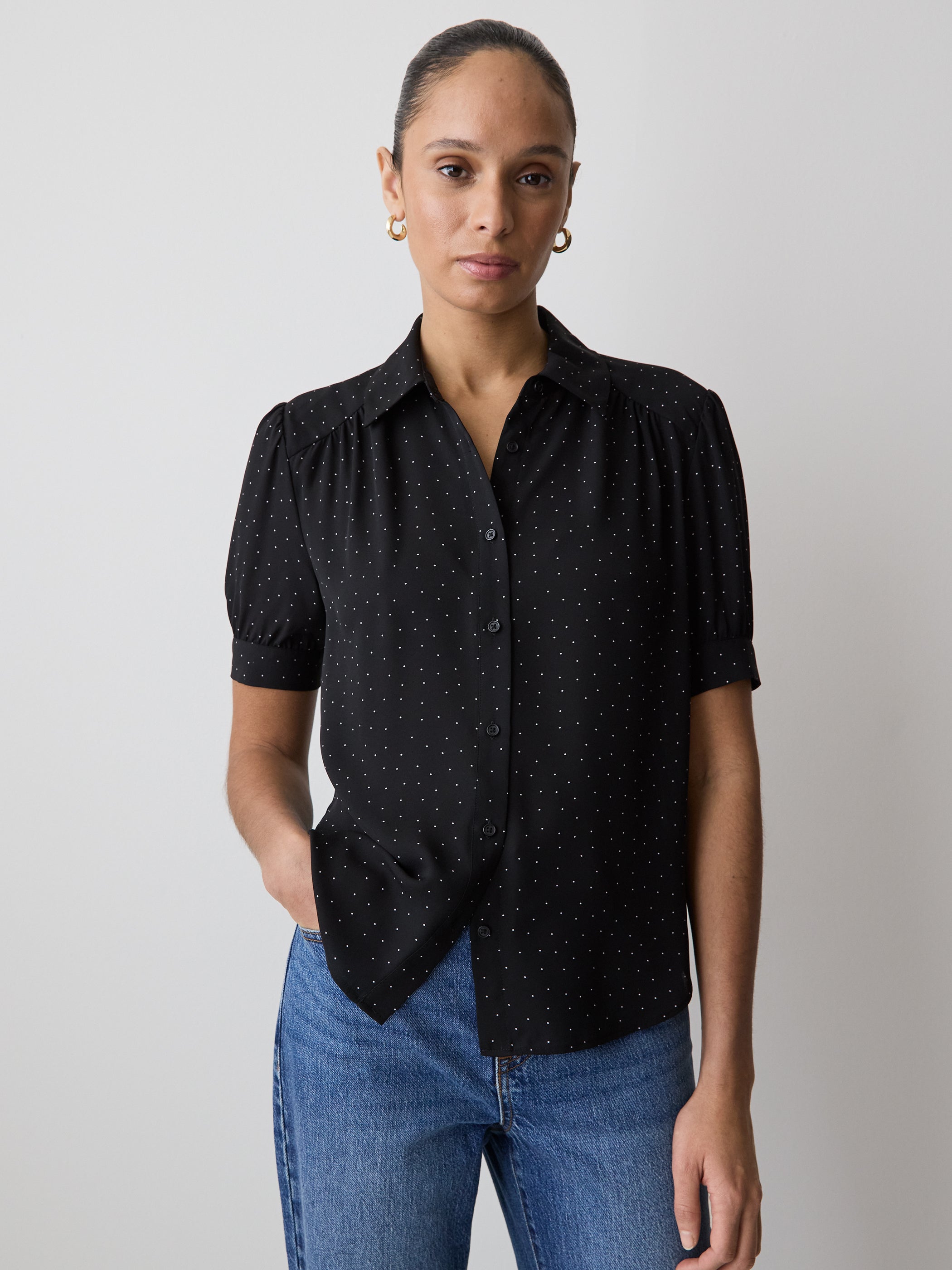 RW&CO Silky Crepe Short-Sleeve Buttoned-Down Blouse