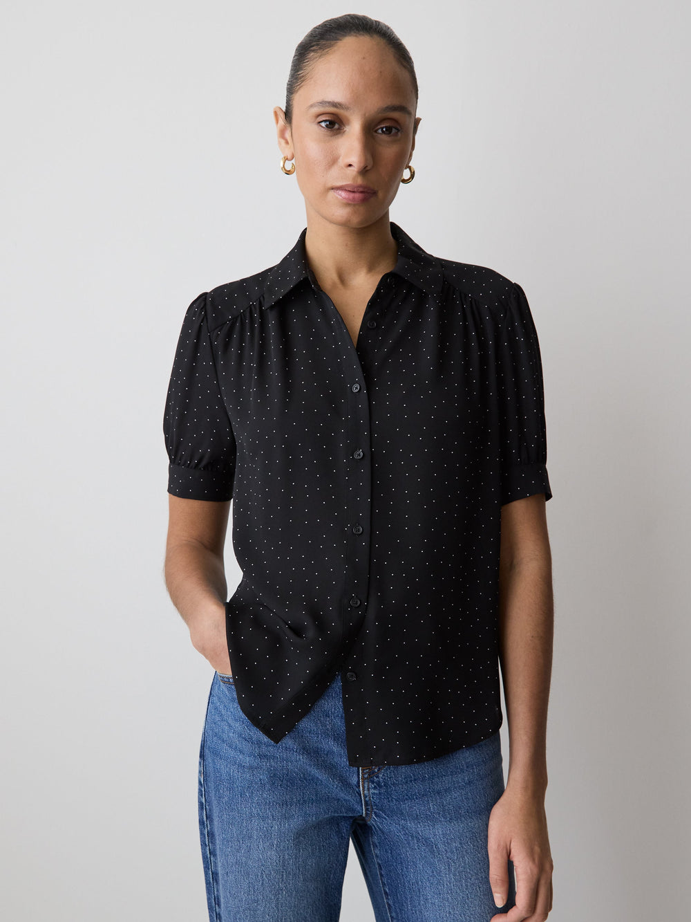 RW&CO Silky Crepe Short-Sleeve Buttoned-Down Blouse
