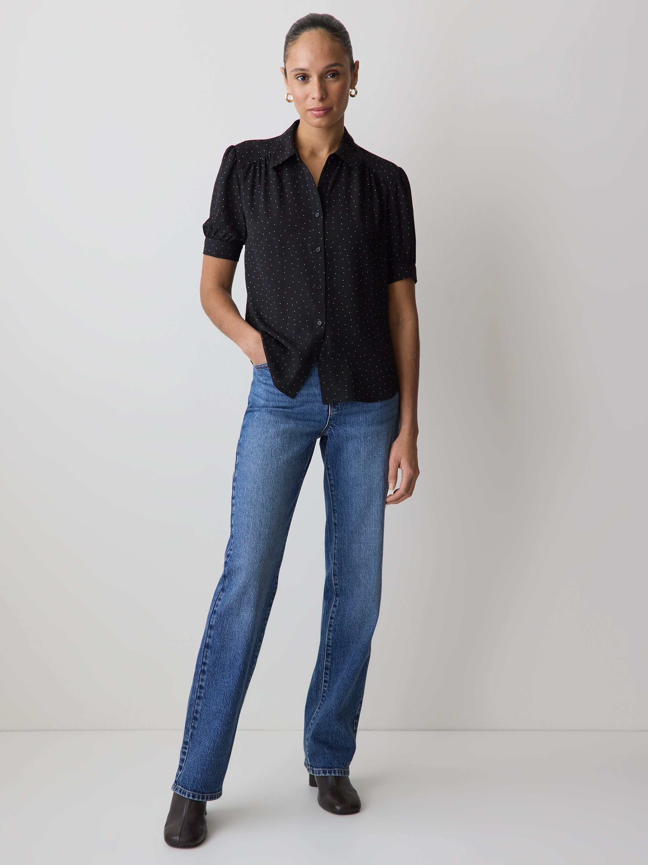 RW&CO Silky Crepe Short-Sleeve Buttoned-Down Blouse