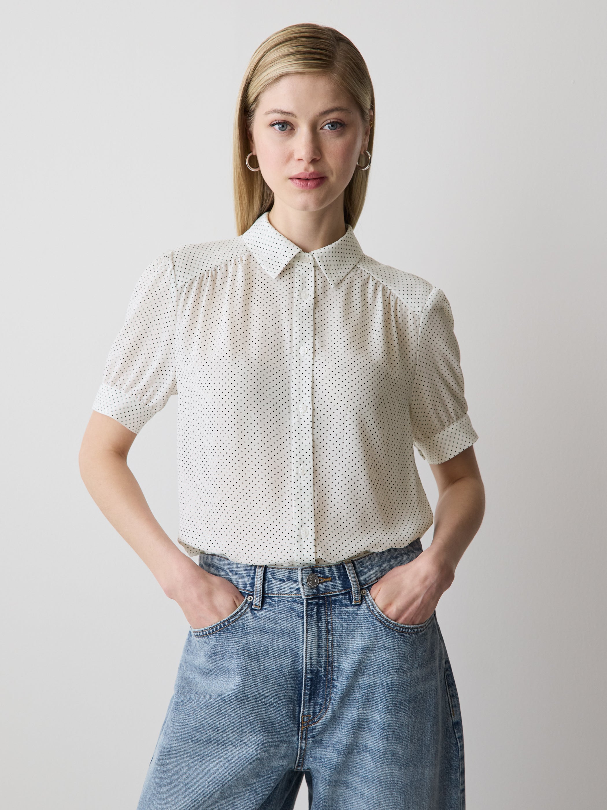 RW&CO Silky Crepe Short-Sleeve Buttoned-Down Blouse