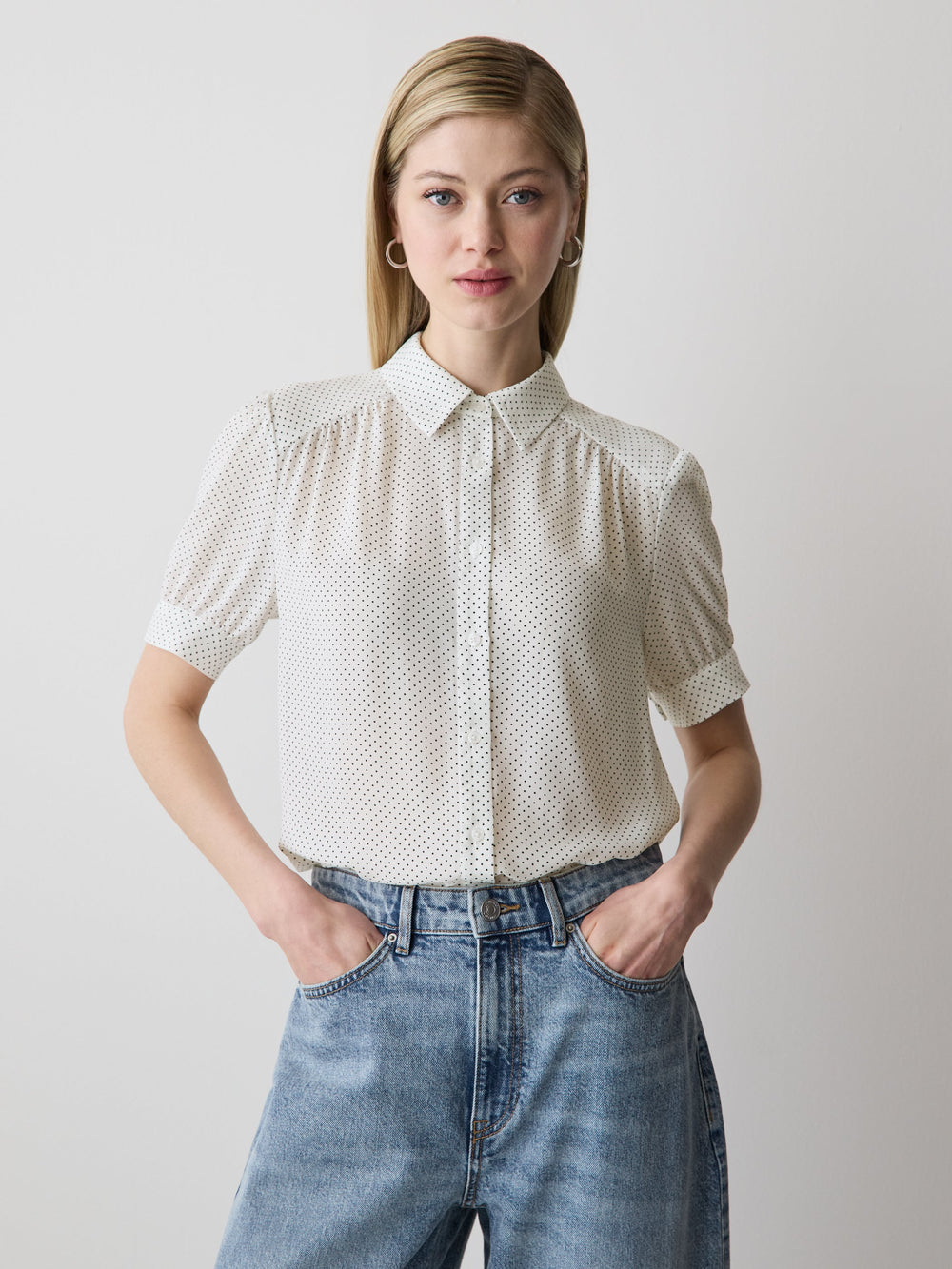 RW&CO Silky Crepe Short-Sleeve Buttoned-Down Blouse