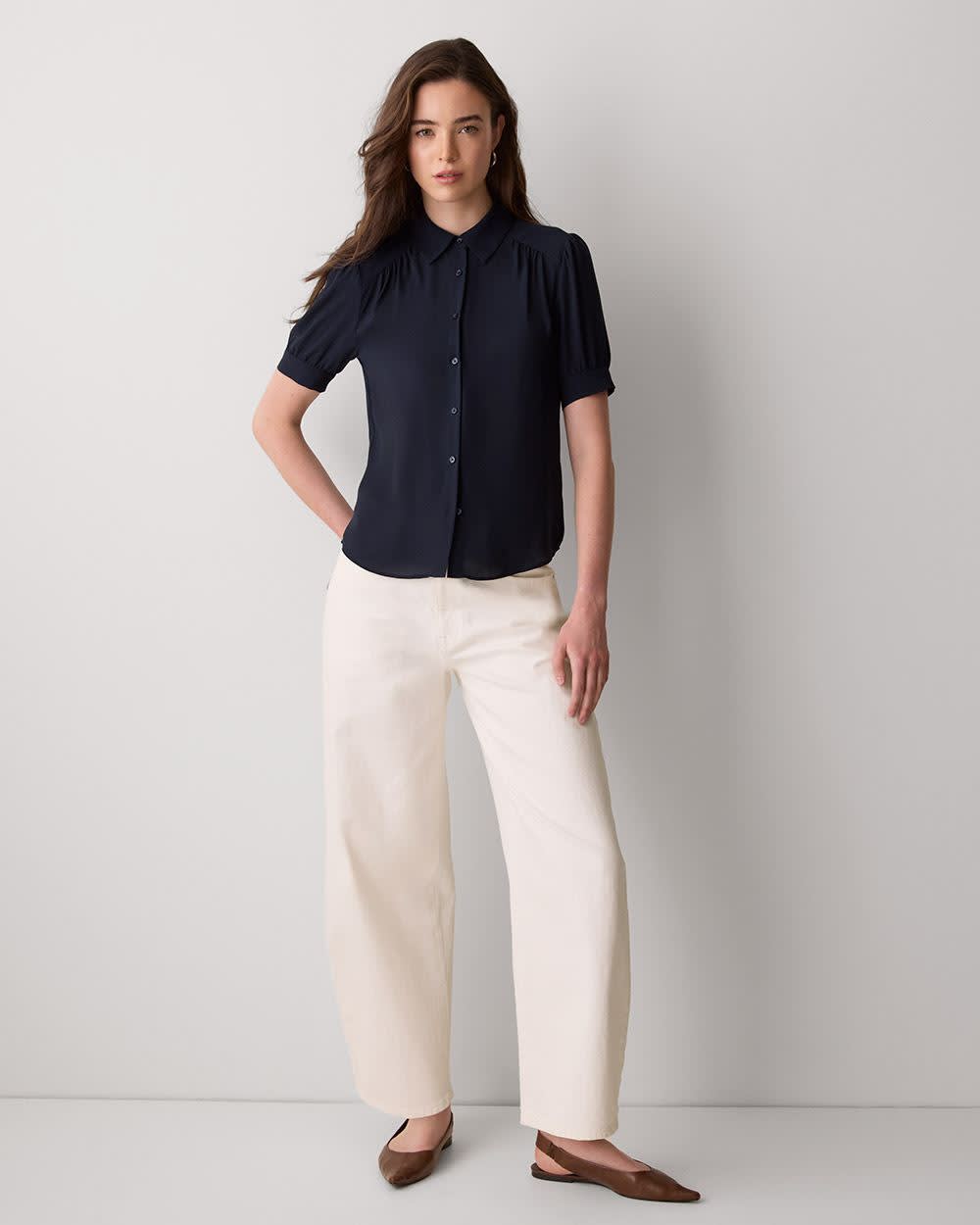 RW&CO Silky Crepe Short-Sleeve Buttoned-Down Blouse