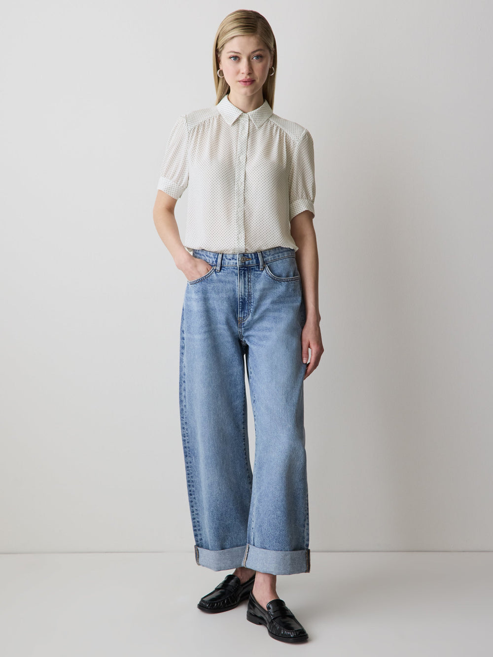 RW&CO Silky Crepe Short-Sleeve Buttoned-Down Blouse