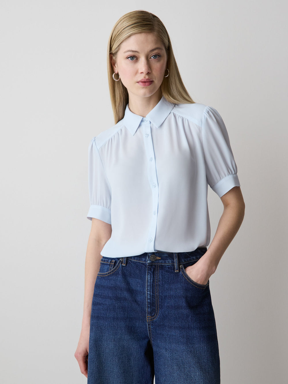 RW&CO Silky Crepe Short-Sleeve Buttoned-Down Blouse