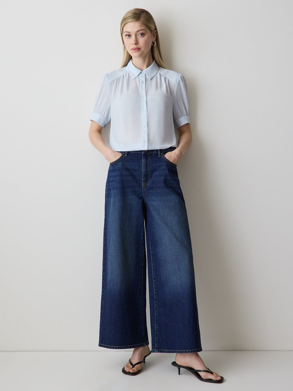 RW&CO Silky Crepe Short-Sleeve Buttoned-Down Blouse