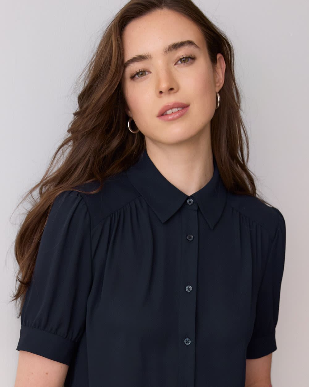 RW&CO Silky Crepe Short-Sleeve Buttoned-Down Blouse