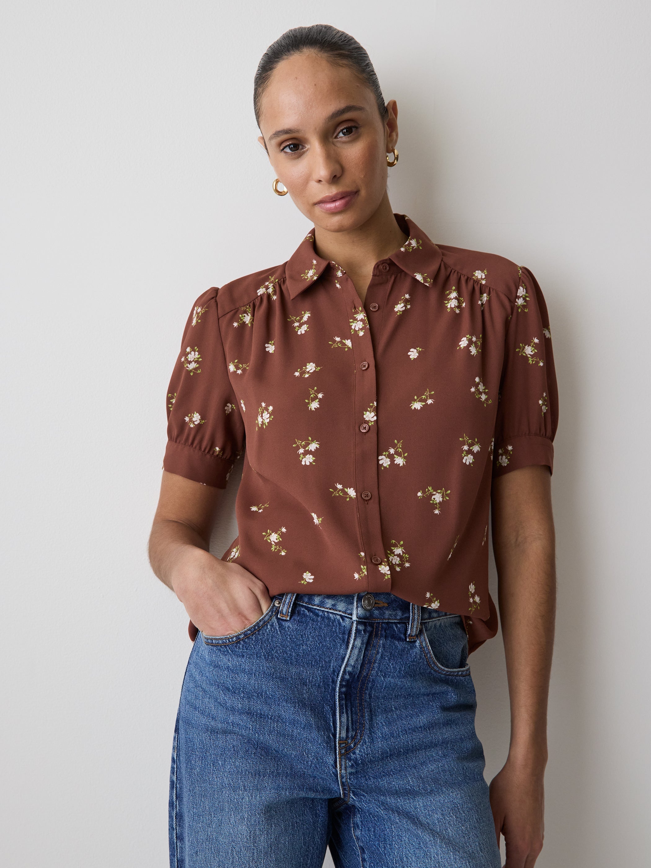 RW&CO Silky Crepe Short-Sleeve Buttoned-Down Blouse