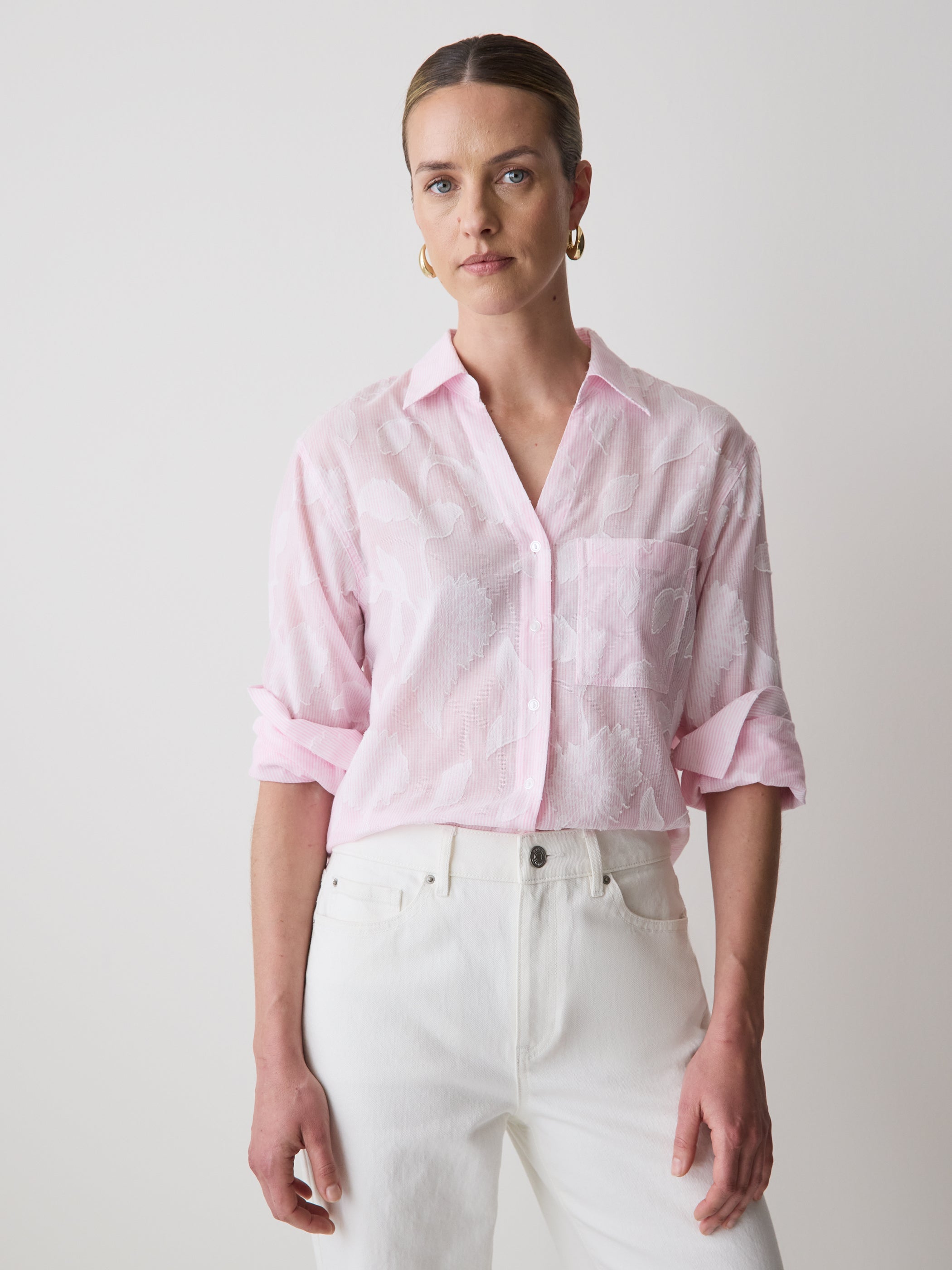 RW&CO Long-Sleeve Buttoned-Down Textured Blouse