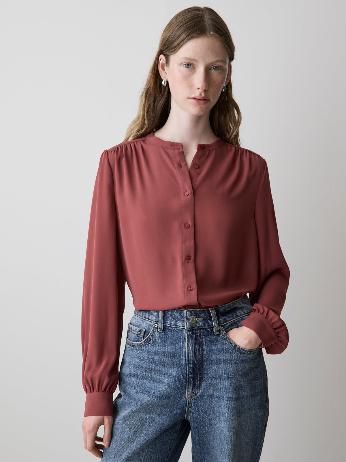 RW&CO Silky Crepe Long-Sleeve Buttoned-Down Blouse