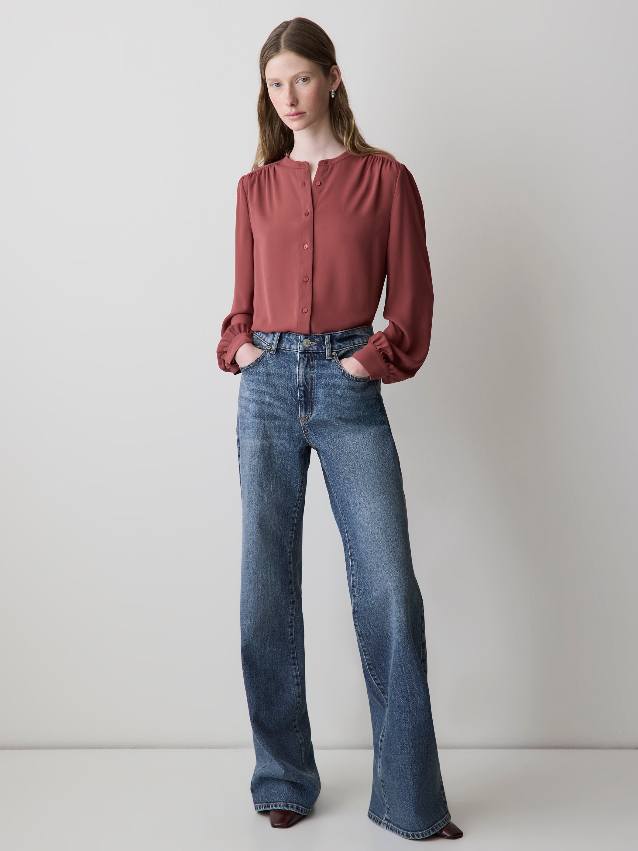 RW&CO Silky Crepe Long-Sleeve Buttoned-Down Blouse