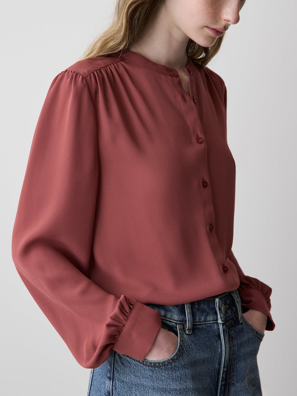 RW&CO Silky Crepe Long-Sleeve Buttoned-Down Blouse