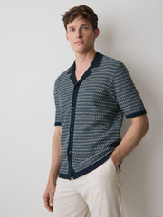 RW&CO Striped Short-Sleeve Shirt Sweater with Camp Collar