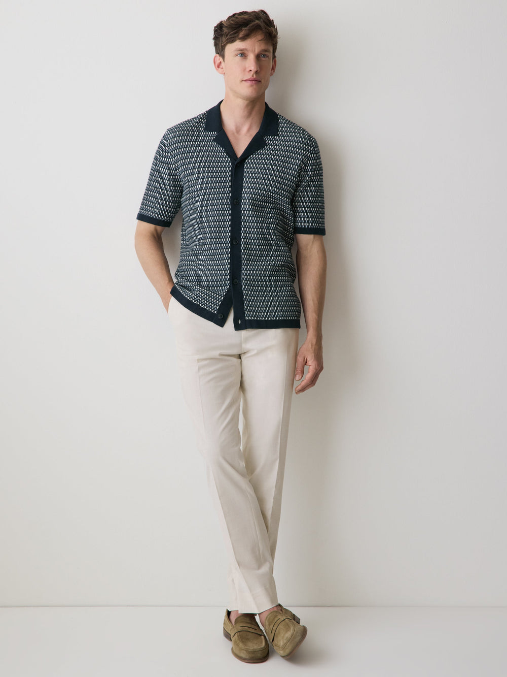 RW&CO Striped Short-Sleeve Shirt Sweater with Camp Collar