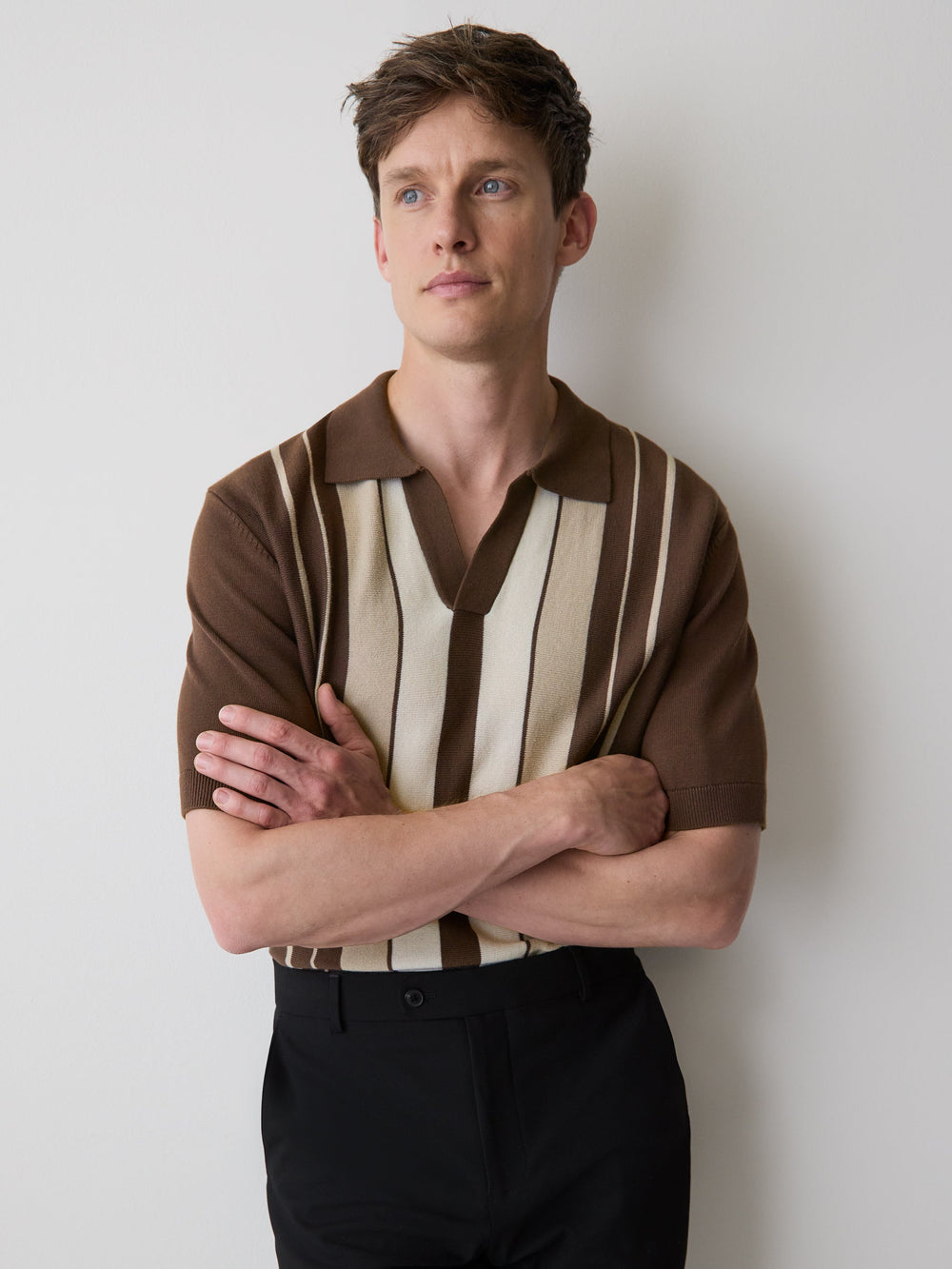 RW&CO Striped Short-Sleeve Sweater with Johnny Collar