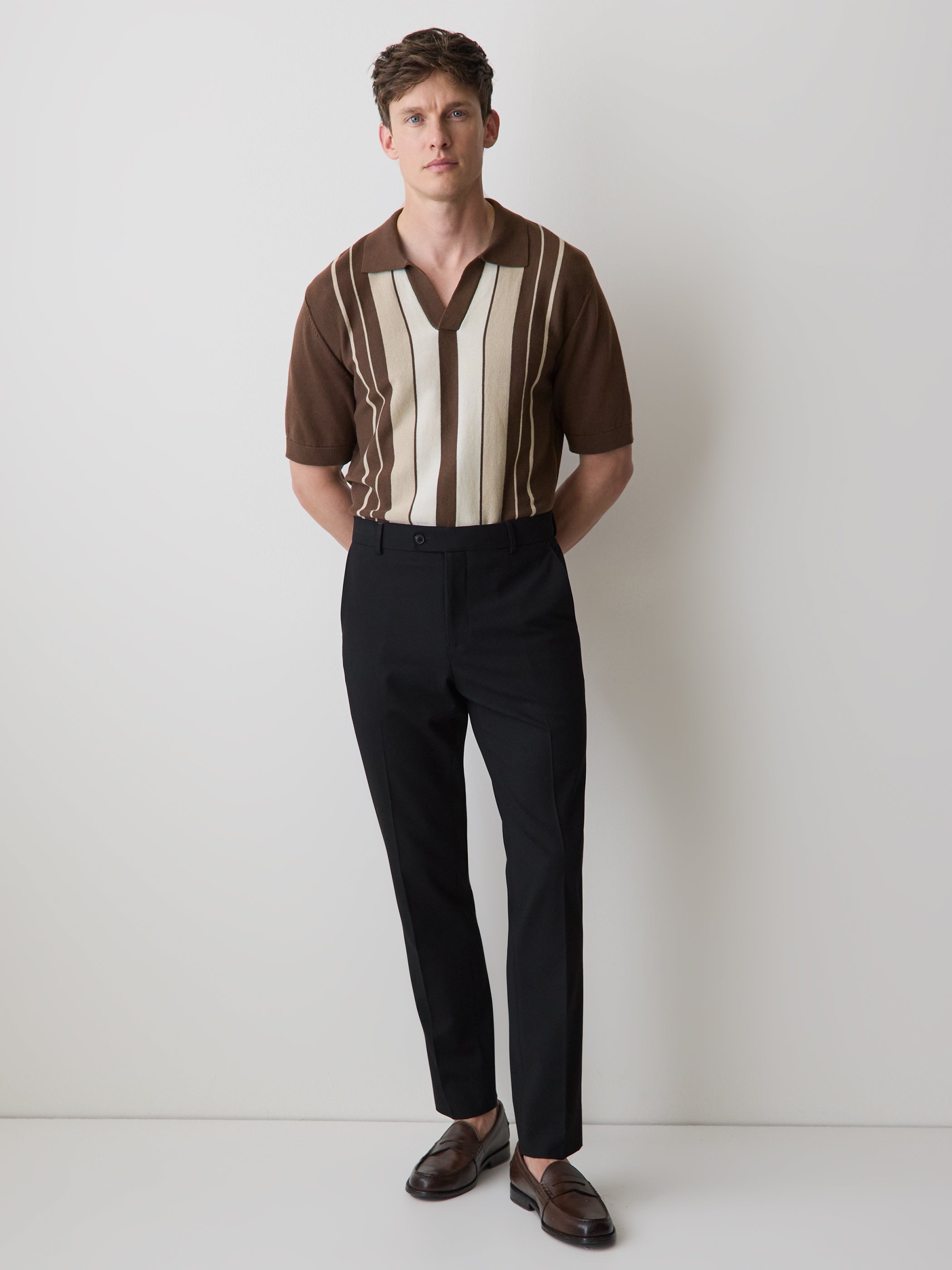 RW&CO Striped Short-Sleeve Sweater with Johnny Collar