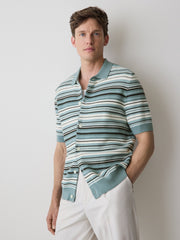 RW&CO Striped Short-Sleeve Sweater with Shirt Collar