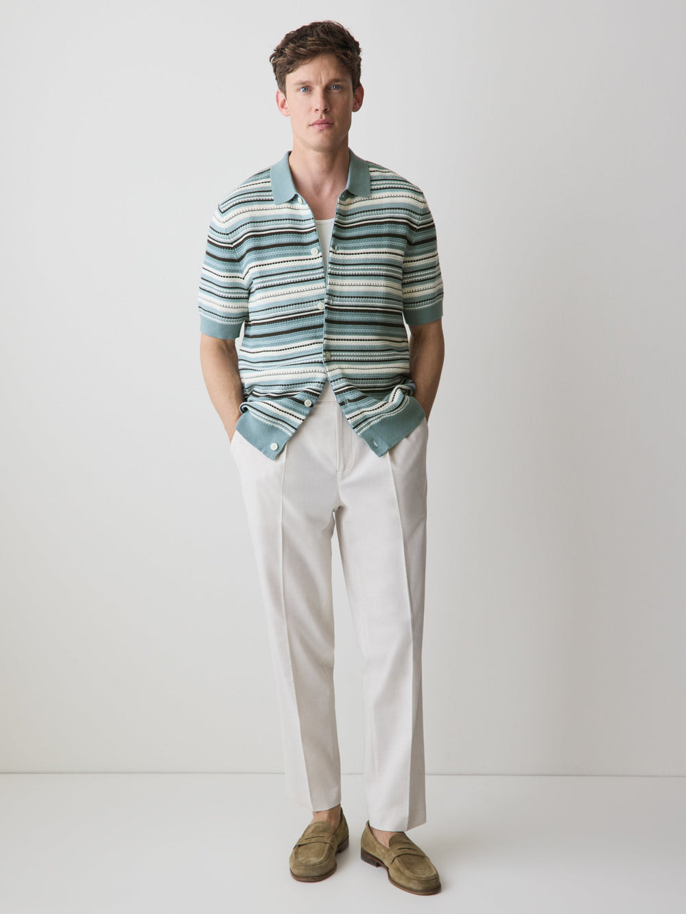 RW&CO Striped Short-Sleeve Sweater with Shirt Collar