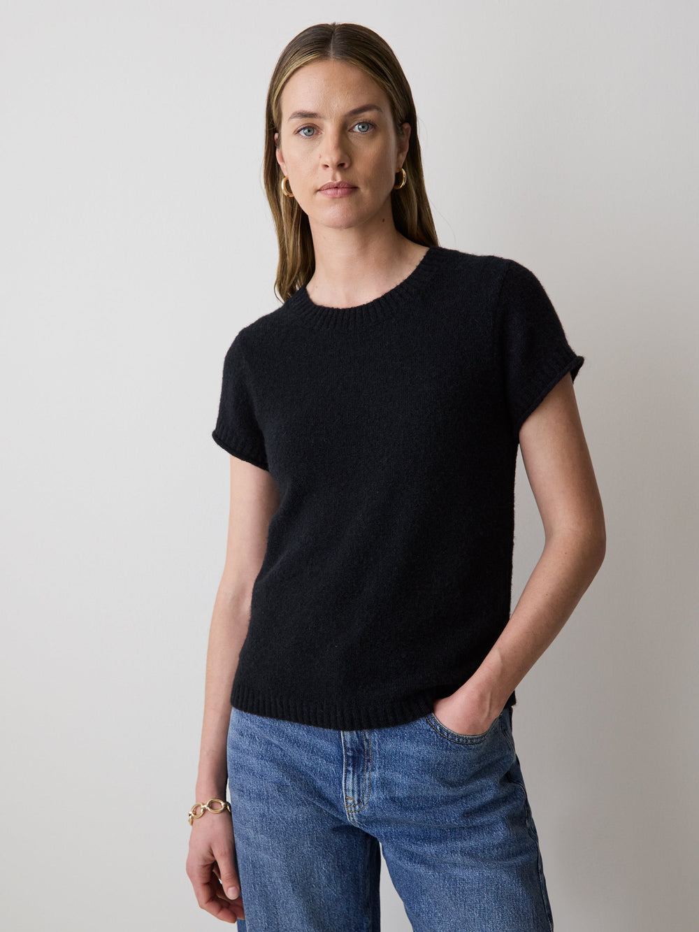 RW&CO Wool-Blend Cap-Sleeve Crew-Neck Boxy Sweater