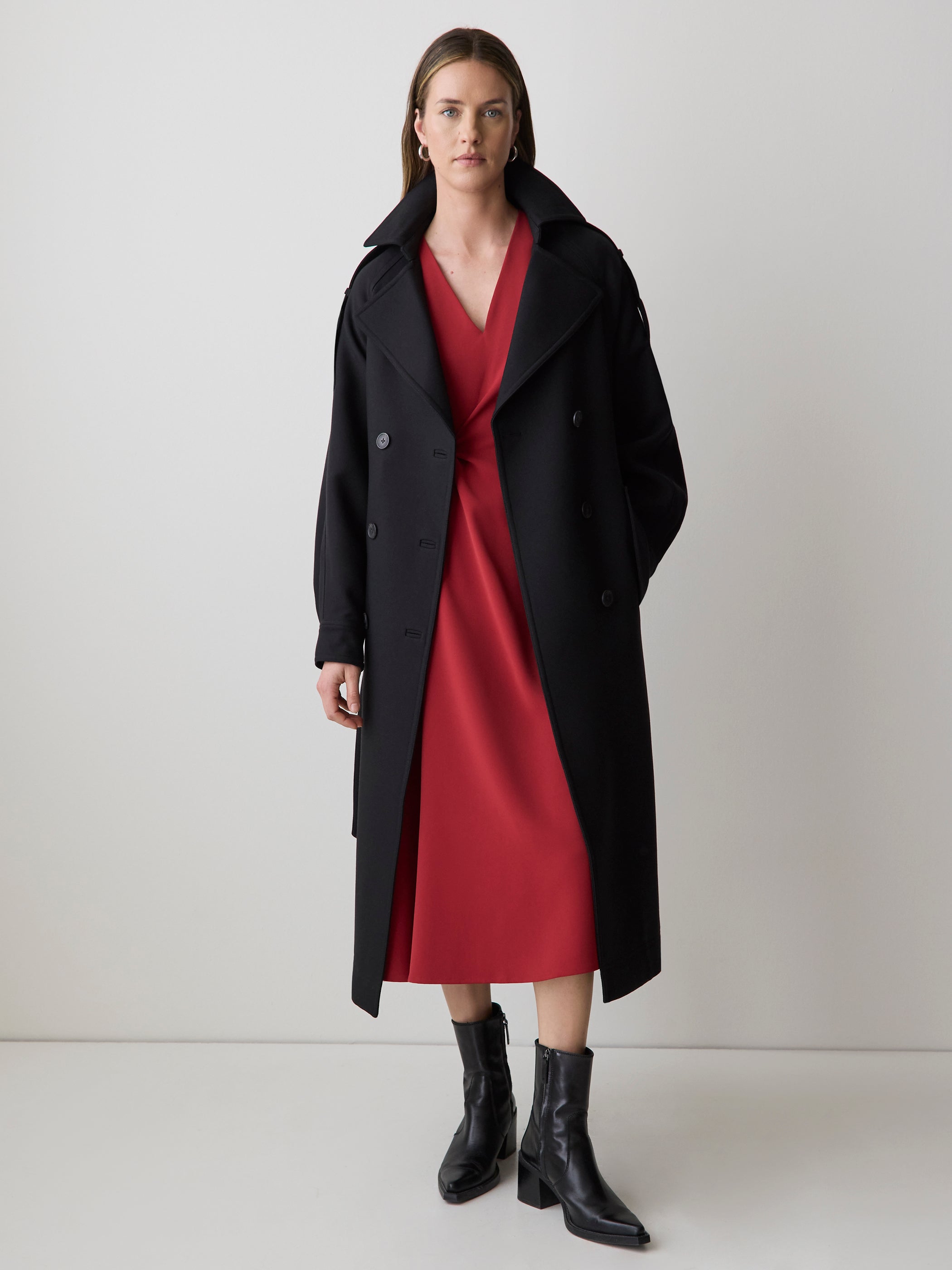 RW&CO Extended-Sleeve V-Neck Twill Midi Dress