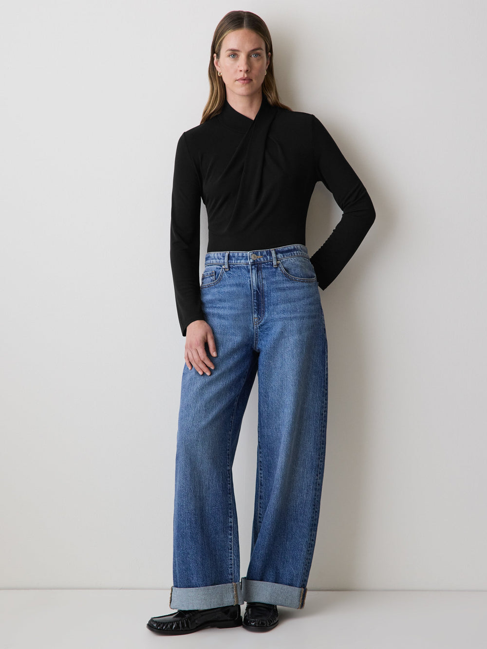 RW&CO Long-Sleeve Top with Crossover Draped Mock Neckline