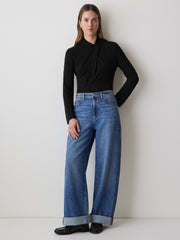 RW&CO Long-Sleeve Top with Crossover Draped Mock Neckline