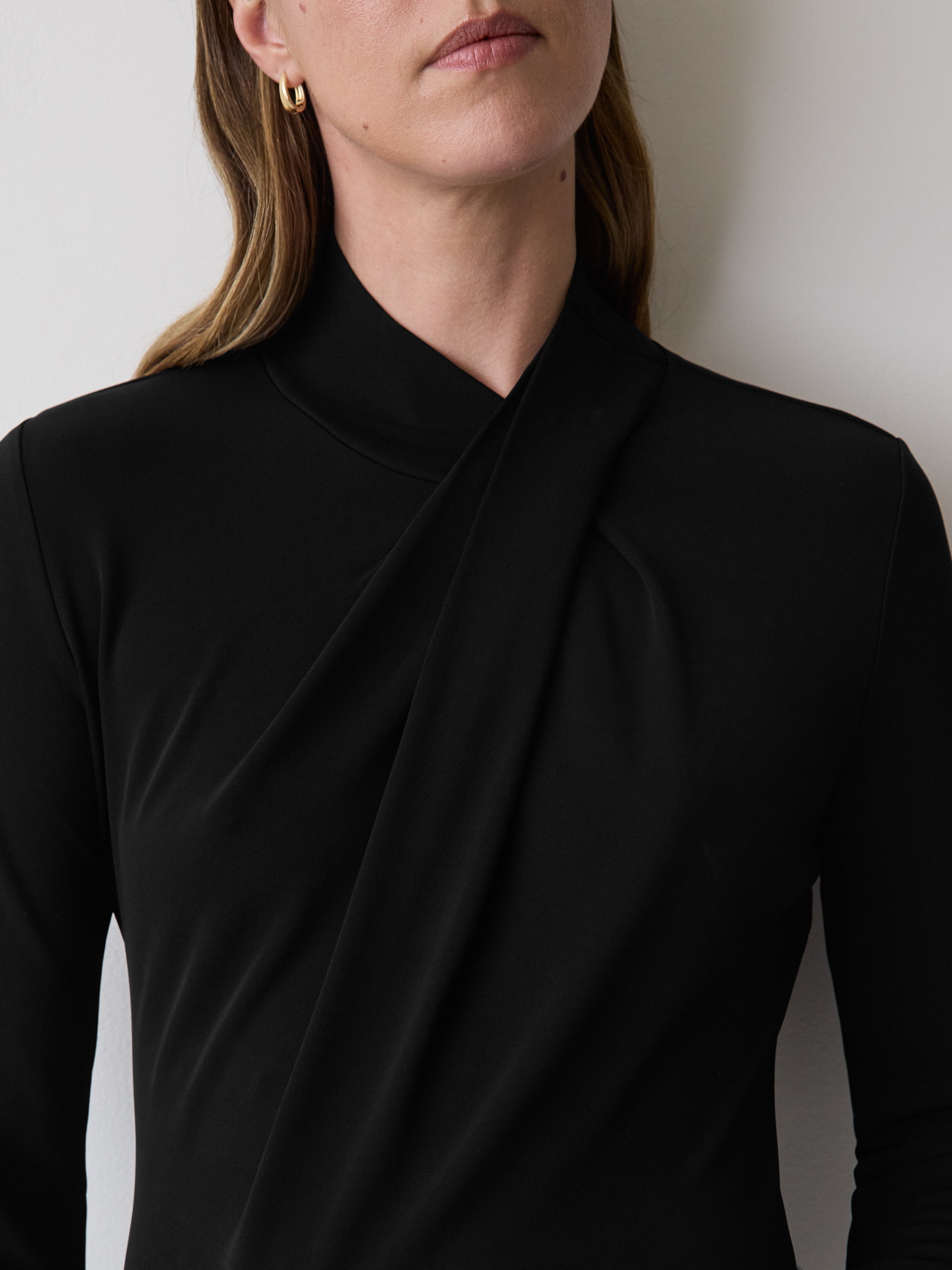 RW&CO Long-Sleeve Top with Crossover Draped Mock Neckline
