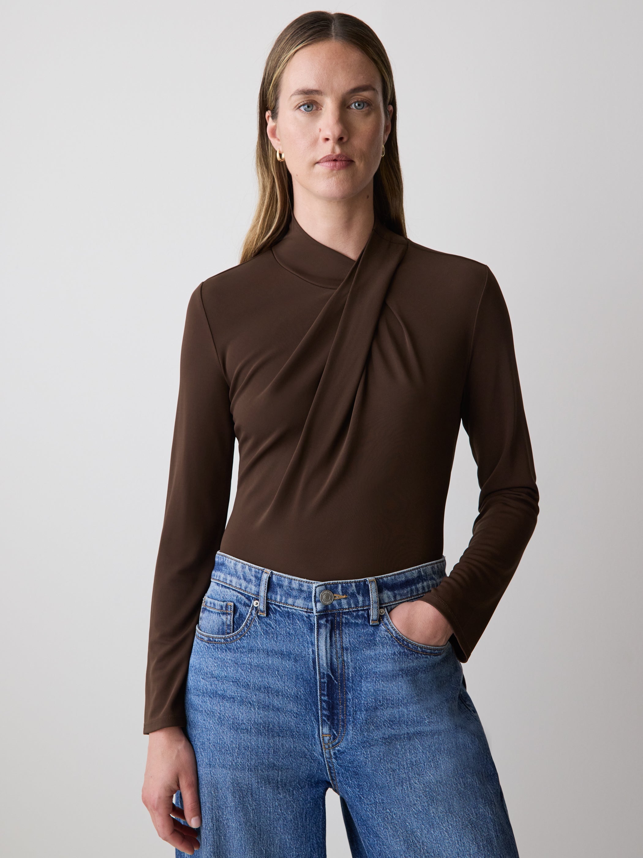 RW&CO Long-Sleeve Top with Crossover Draped Mock Neckline