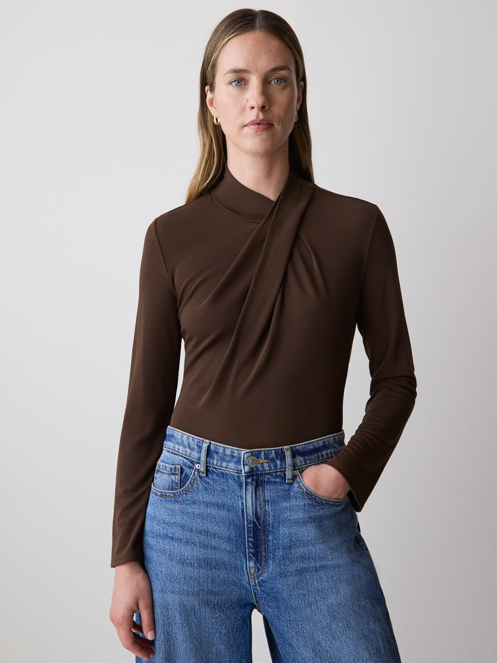 RW&CO Long-Sleeve Top with Crossover Draped Mock Neckline