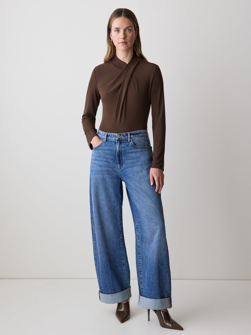 RW&CO Long-Sleeve Top with Crossover Draped Mock Neckline