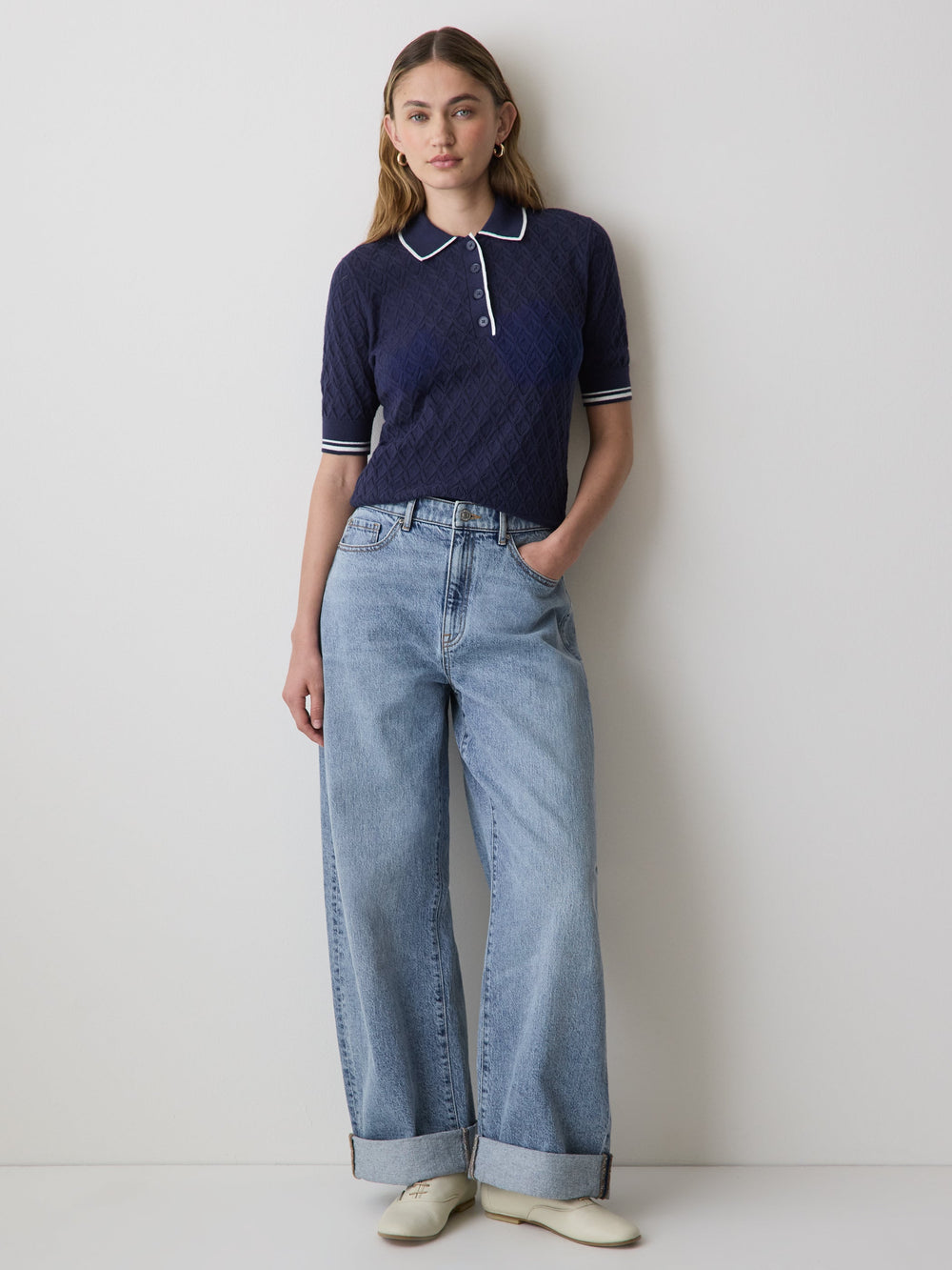 RW&CO Short-Sleeve Polo with Pointelle Stitches