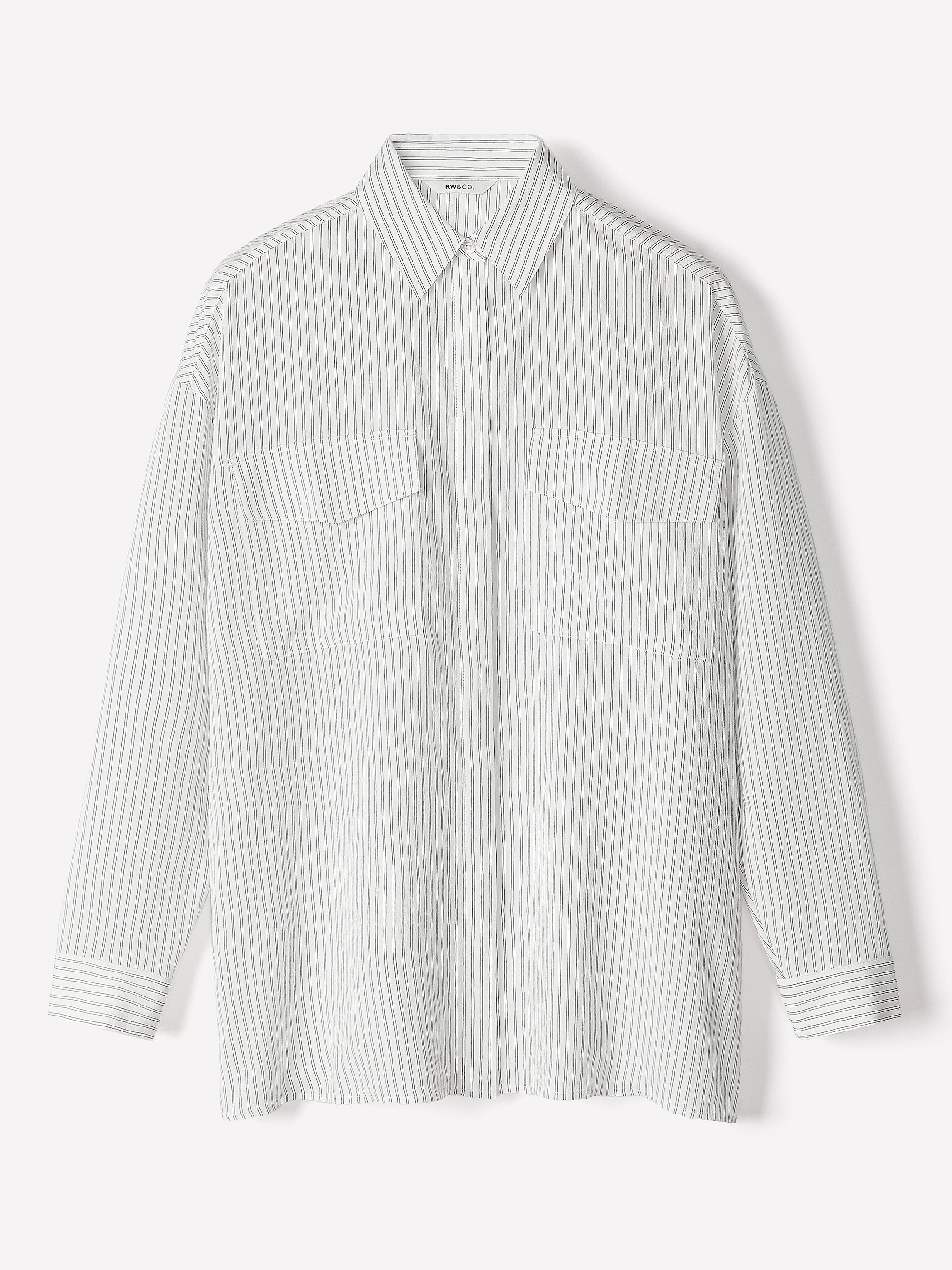 RW&CO Striped Long-Sleeve Buttoned-Down Blouse with Pockets