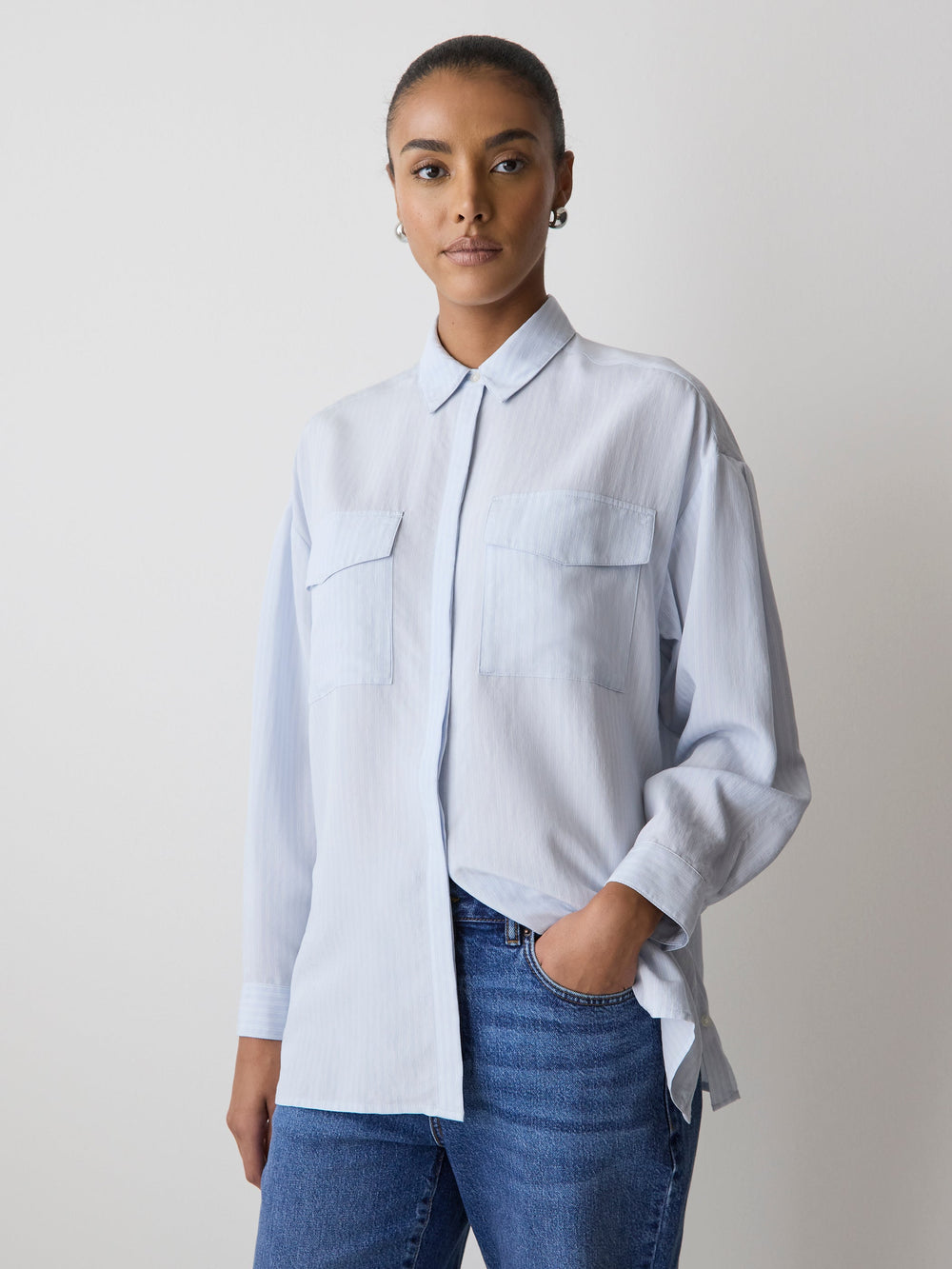 RW&CO Striped Long-Sleeve Buttoned-Down Blouse with Pockets
