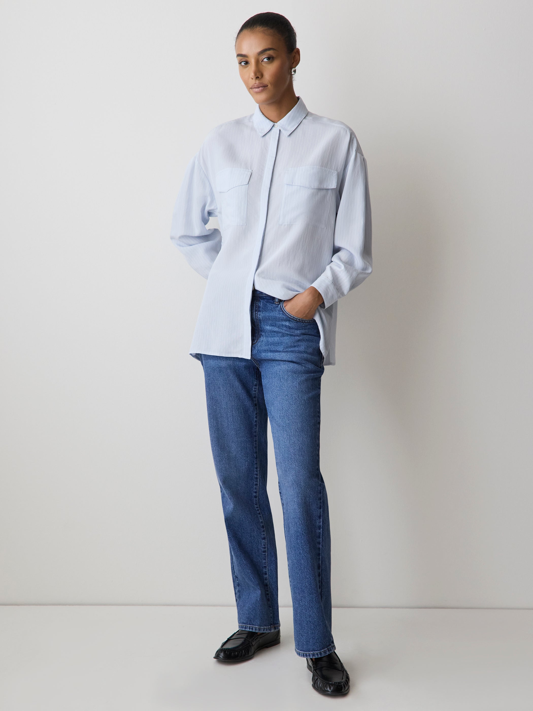 RW&CO Striped Long-Sleeve Buttoned-Down Blouse with Pockets