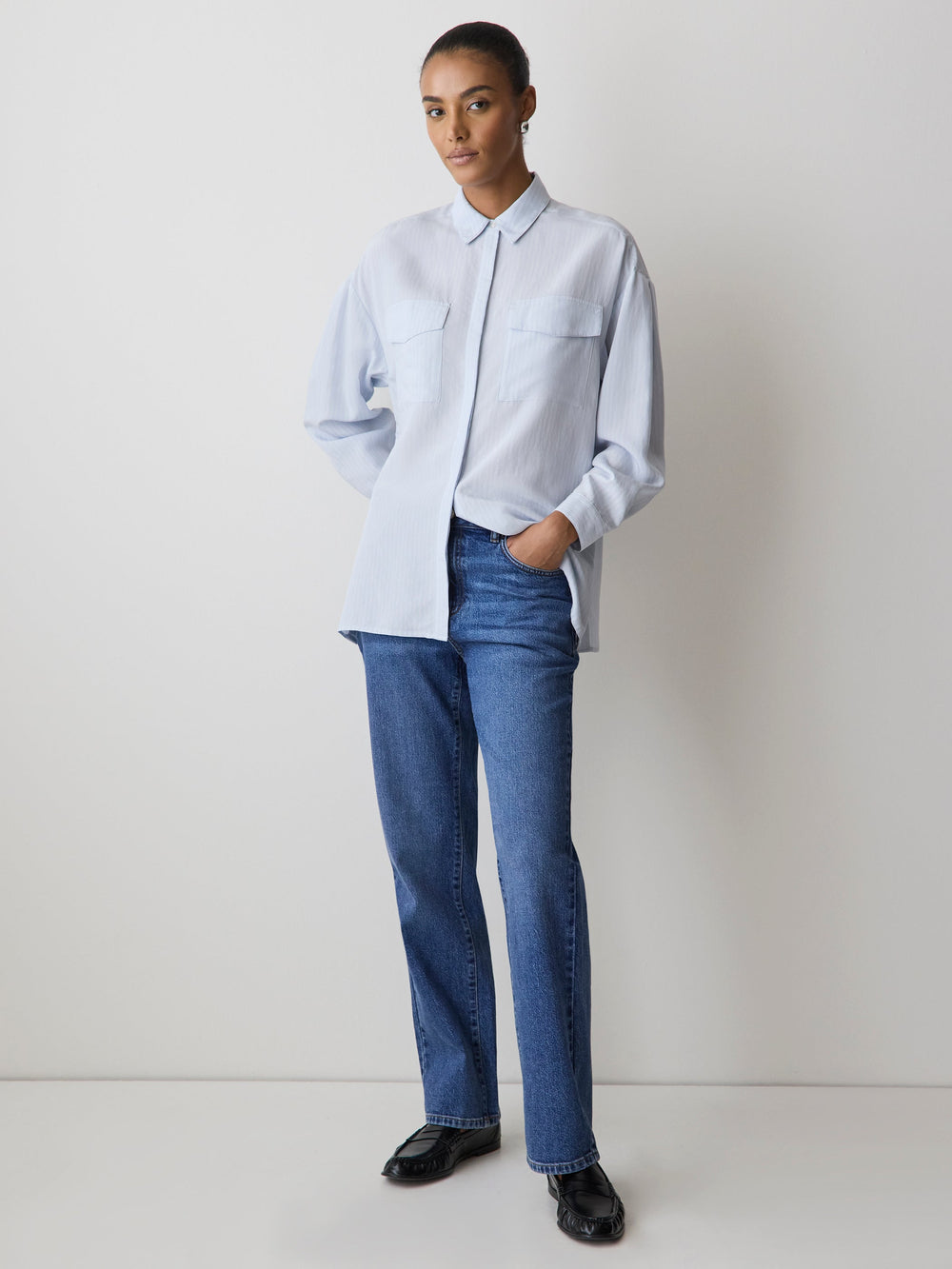 RW&CO Striped Long-Sleeve Buttoned-Down Blouse with Pockets